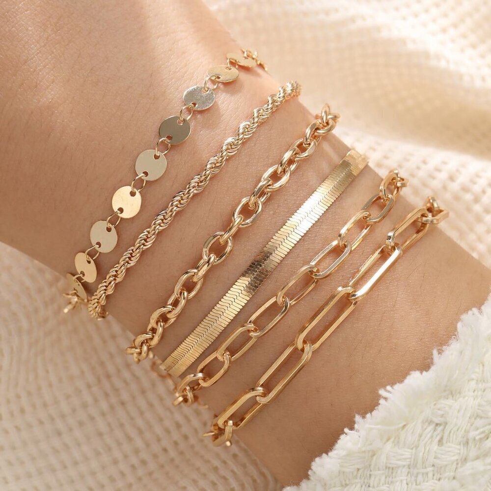 14K Gold Plated Bracelets for Women Dainty Stackable Chain Bracelet Set Gift - Picture 2 of 6